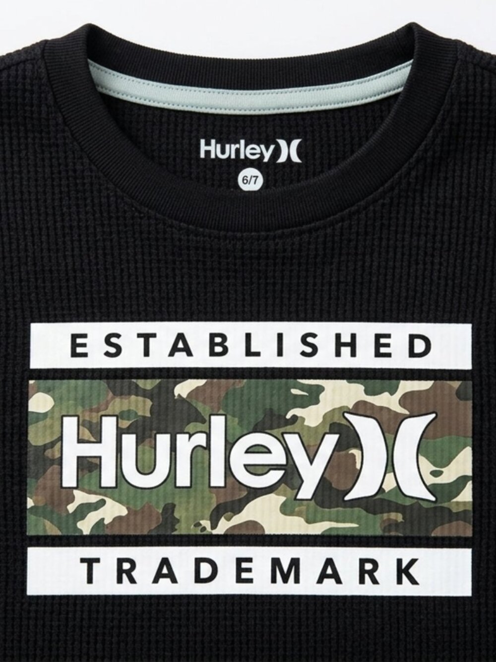 Hurley Boys Black Waffle Knit Long Sleeve Camo Graphic Tee Size 6/7
